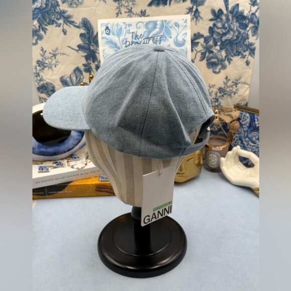 🆕 GANNI 🧿 NWT White Logo Embroidered Blue Denim Baseball Cap, Woman's Hat - Picture 6 of 14